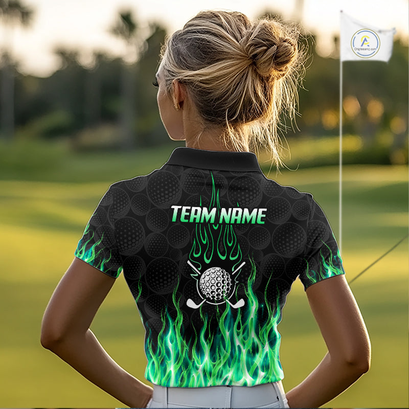 Model wearing golf polo shirt green flame pattern, breathable cotton fabric on golf course