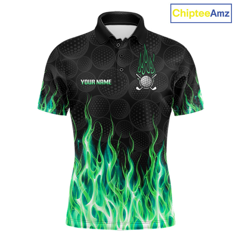 Mens golf polo shirt green flame pattern - front view, custom name available