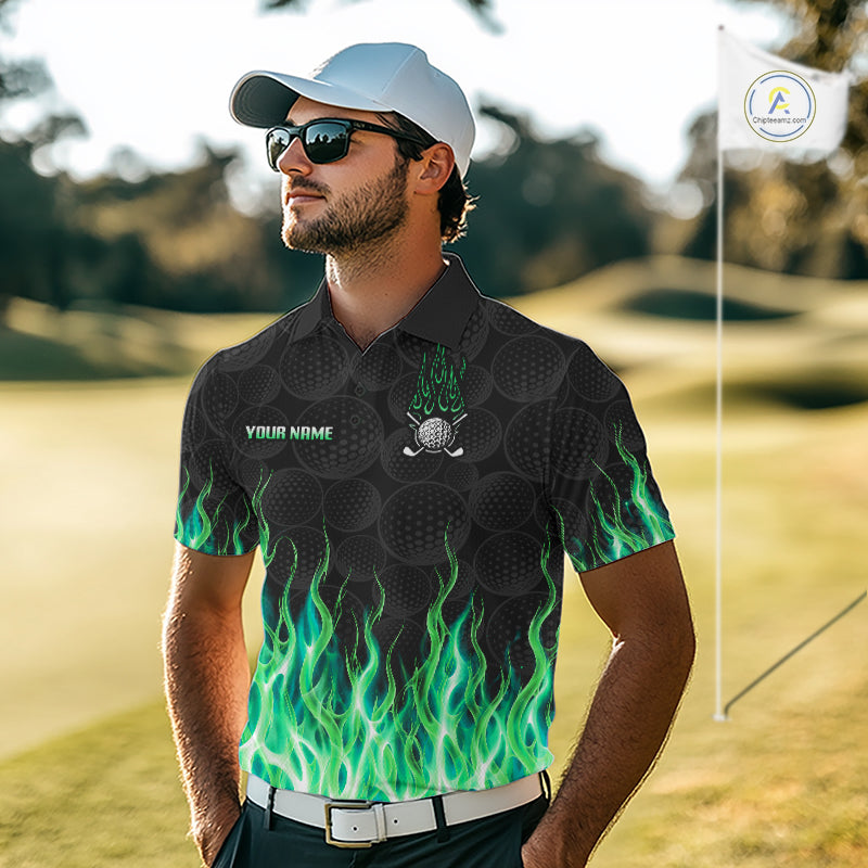 Model wearing golf polo shirt green flame pattern, breathable cotton fabric on golf course