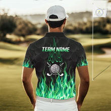 Load image into Gallery viewer, Model wearing golf polo shirt green flame pattern, breathable cotton fabric on golf course