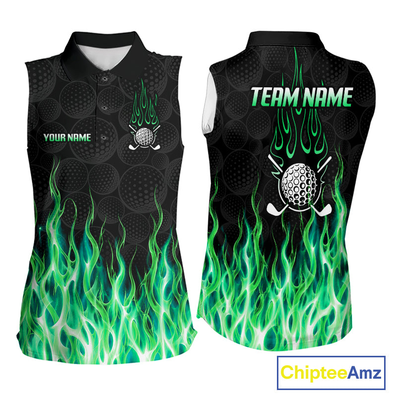 Womens sleeveless golf polo shirt front and back view, custom team name, tailored fit for perfect golf swing