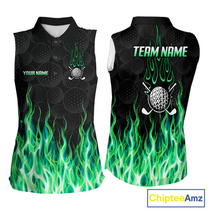 Womens sleeveless golf polo shirt front and back view, custom team name, tailored fit for perfect golf swing