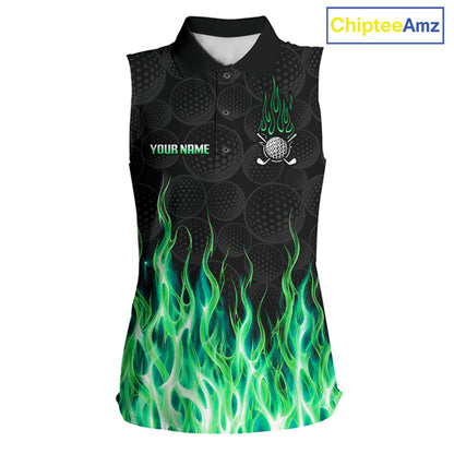 Womens sleeveless golf polo shirt green flame pattern - front view, custom name available