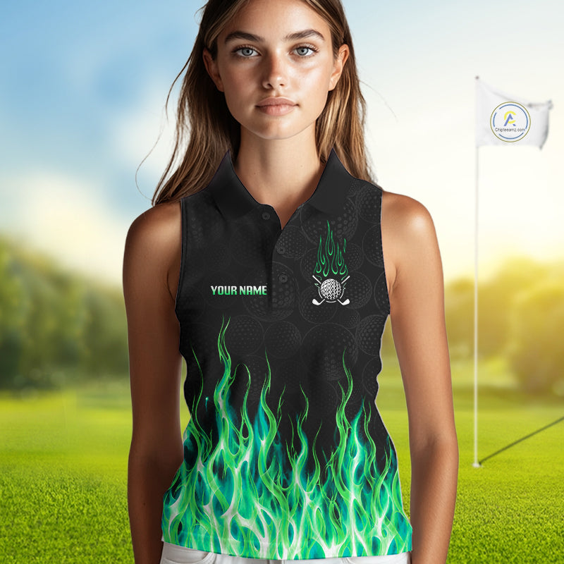 Model wearing golf polo shirt green flame pattern, breathable cotton fabric on golf course