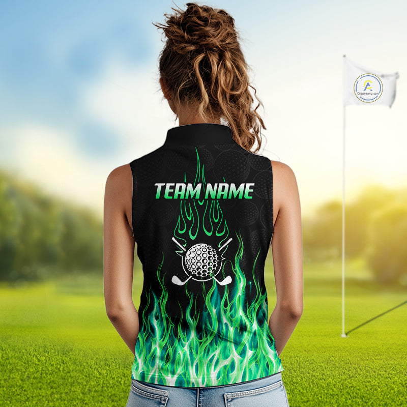 Model wearing golf polo shirt green flame pattern, breathable cotton fabric on golf course