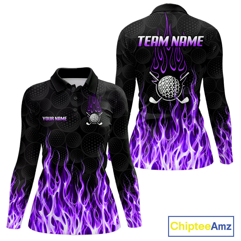 Womens long sleeve golf polo shirt front and back view, custom team name, tailored fit for perfect golf swing