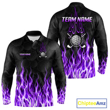 Load image into Gallery viewer, Mens long sleeve golf polo shirt purple flame pattern - front and back view, custom name available