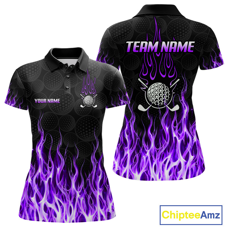 Womens golf polo shirt front and back view, custom team name, tailored fit for perfect golf swing