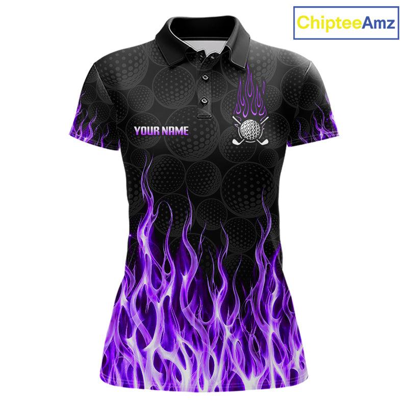 Mens golf polo shirt purple flame pattern - front view, custom name available