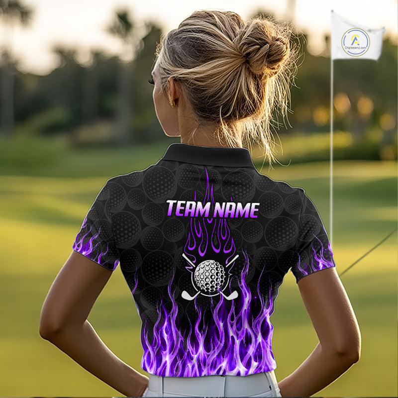 Model wearing golf polo shirt purple flame pattern, breathable cotton fabric on golf course