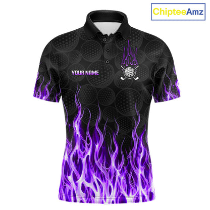 Mens golf polo shirt purple flame pattern - front view, custom name available