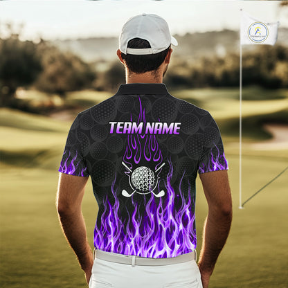 Model wearing golf polo shirt purple flame pattern, breathable cotton fabric on golf course