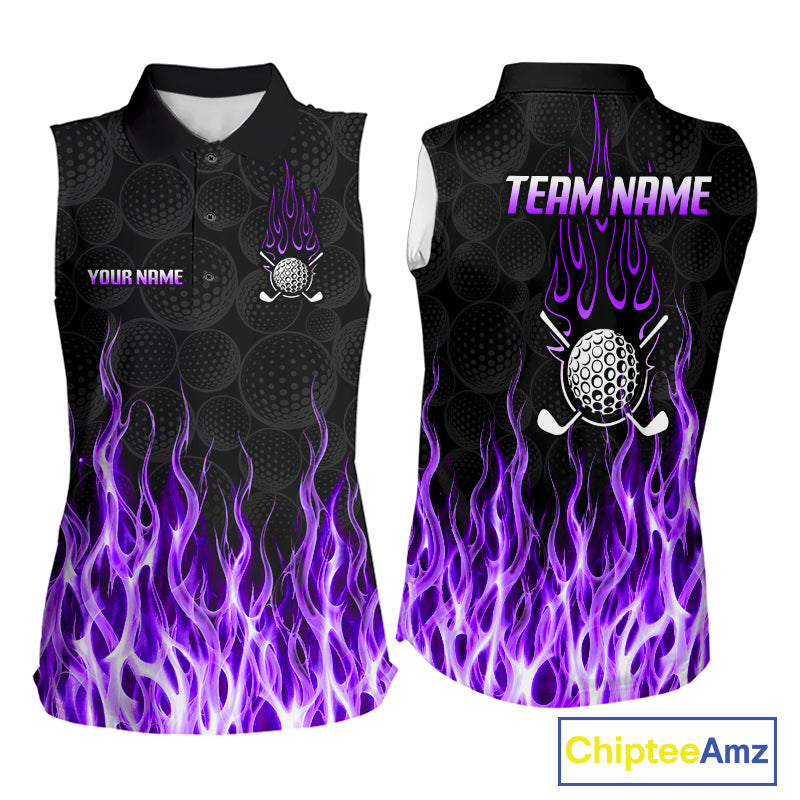 Womens sleeveless golf polo shirt front and back view, custom team name, tailored fit for perfect golf swing