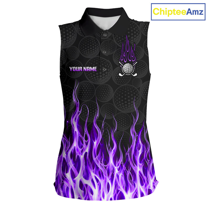 Womens sleeveless golf polo shirt purple flame pattern - front view, custom name available