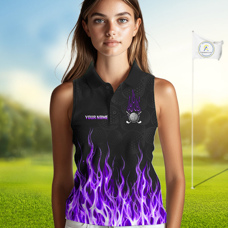 Model wearing sleeveless golf polo shirt turquoise flame pattern, breathable cotton fabric on golf course
