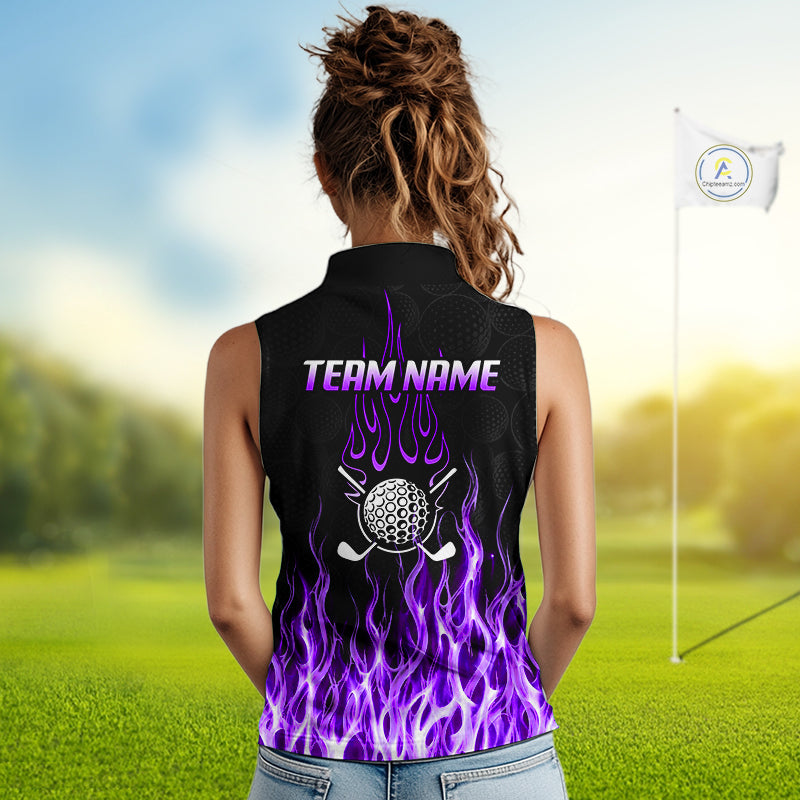 Model wearing golf polo shirt purple flame pattern, breathable cotton fabric on golf course