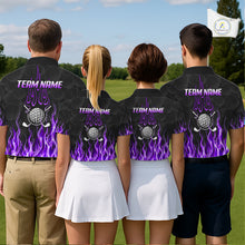 Load image into Gallery viewer, Golf team wearing matching purple flame pattern polo shirts, custom name &amp; team name, tailored fit