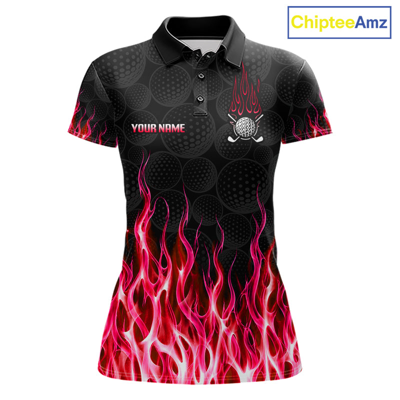 Womens golf polo shirt red flame pattern - front view, custom name available