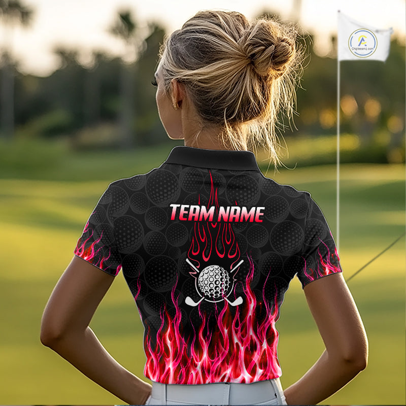 Model wearing golf polo shirt red flame pattern, breathable cotton fabric on golf course
