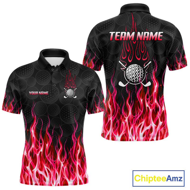 Mens golf polo shirt front and back view, custom team name, tailored fit for perfect golf swing