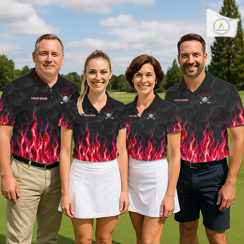 Golf team wearing matching red flame pattern polo shirts, custom name & team name, tailored fit