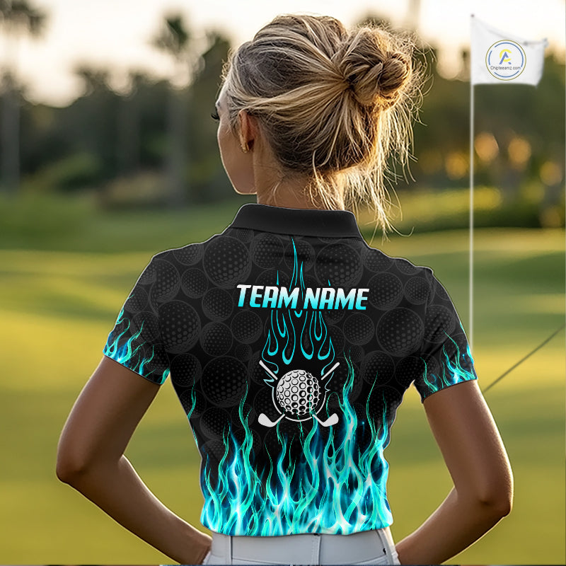 Model wearing golf polo shirt turquoise flame pattern, breathable cotton fabric on golf course