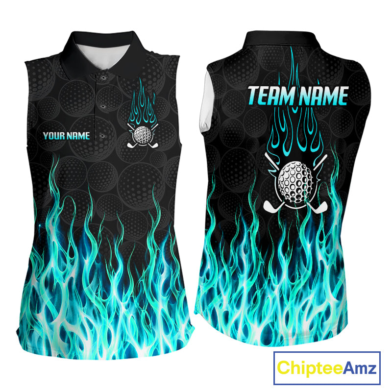 Womens sleeveless golf polo shirt front and back view, custom team name, tailored fit for perfect golf swing