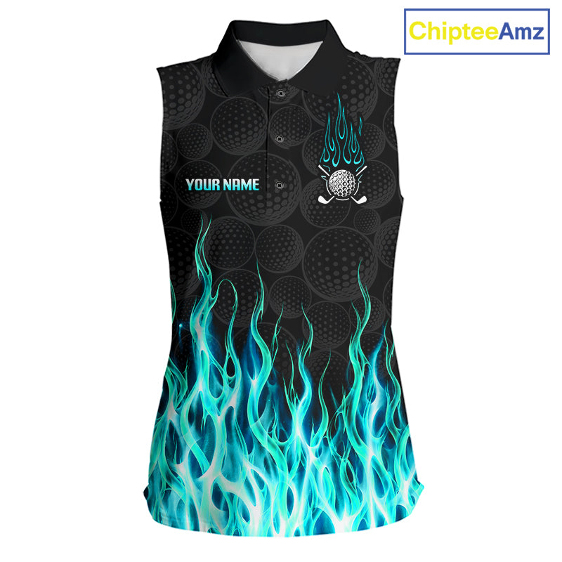 Womens sleeveless golf polo shirt turquoise flame pattern - front view, custom name available