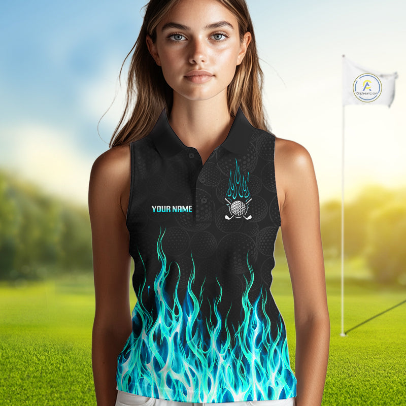 Model wearing sleeveless golf polo shirt turquoise flame pattern, breathable cotton fabric on golf course