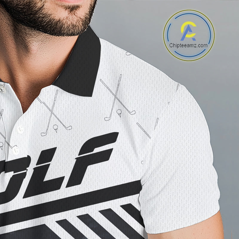 Close-up golf polo shirt black white golf player fabric: breathable cotton, quick moisture wicking, no wrinkle