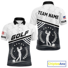 Load image into Gallery viewer, Mens golf polo shirt black white golf player pattern - front and back view, custom name available
