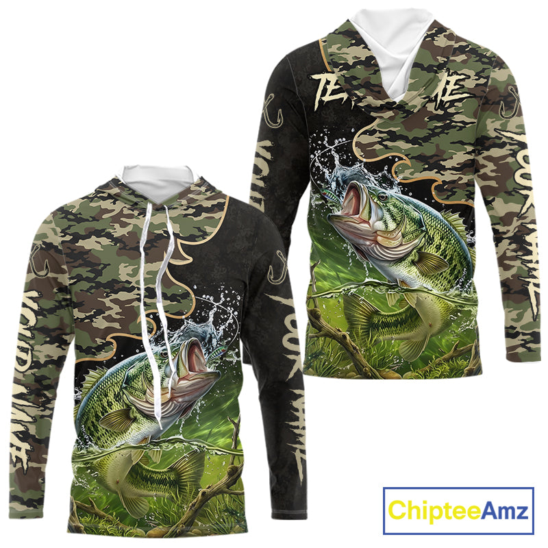 Front and back view of personalized green camouflage largemouth bass long sleeve hooded fishing shirt, bass fishing jersey