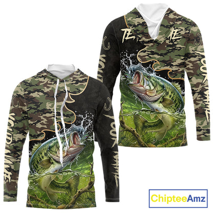 Front and back view of personalized green camouflage largemouth bass long sleeve hooded fishing shirt, bass fishing jersey