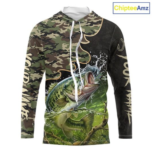 Front view of personalized green camouflage largemouth bass long sleeve hooded fishing shirt