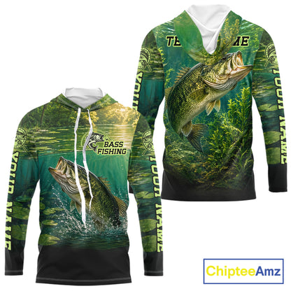Bass Fishing Custom Long Sleeve Hooded Fishing Shirts Personalized Fishing Gift, Bass Fishing Jersey NBT1175