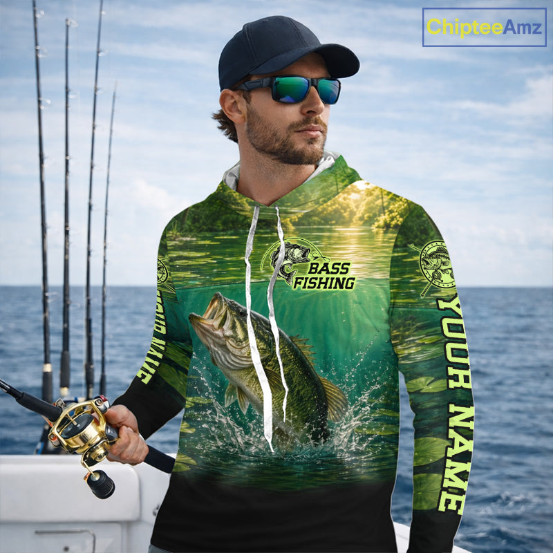 Bass Fishing Custom Long Sleeve Hooded Fishing Shirts Personalized Fishing Gift, Bass Fishing Jersey NBT1175