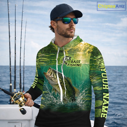 Bass Fishing Custom Long Sleeve Hooded Fishing Shirts Personalized Fishing Gift, Bass Fishing Jersey NBT1175