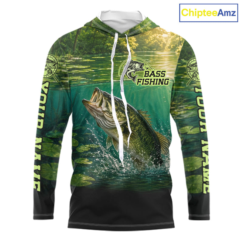 Bass Fishing Custom Long Sleeve Hooded Fishing Shirts Personalized Fishing Gift, Bass Fishing Jersey NBT1175
