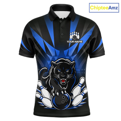 Custom Black And Blue Leopard Bowling Jerseys, Leopard Bowling Team Men Polo & 1/4 Quarter-Zip Shirts NBT914