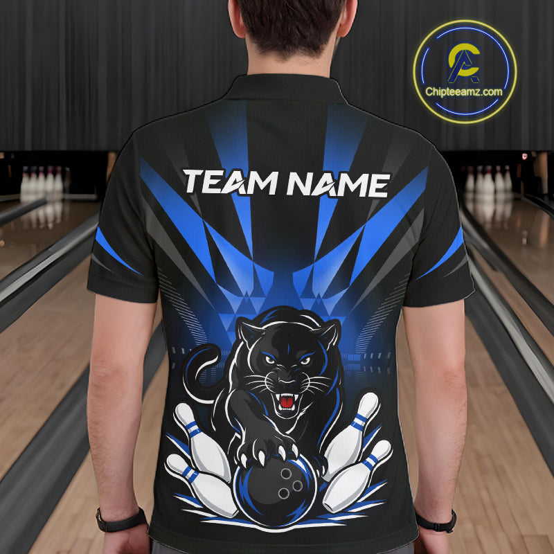 Custom Black And Blue Leopard Bowling Jerseys, Leopard Bowling Team Men Polo & 1/4 Quarter-Zip Shirts NBT914