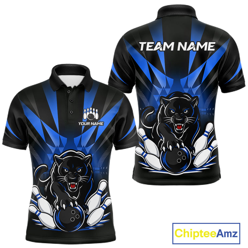 Custom Black And Blue Leopard Bowling Jerseys, Leopard Bowling Team Men Polo & 1/4 Quarter-Zip Shirts NBT914