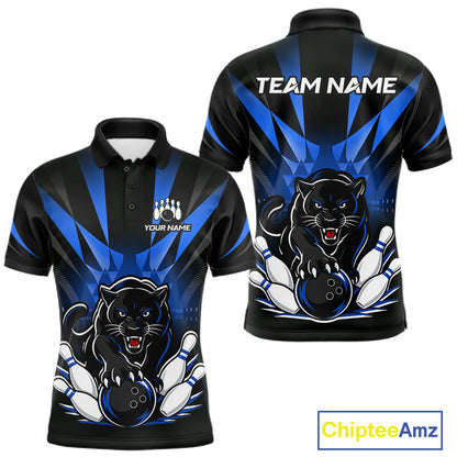 Custom Black And Blue Leopard Bowling Jerseys, Leopard Bowling Team Men Polo & 1/4 Quarter-Zip Shirts NBT914
