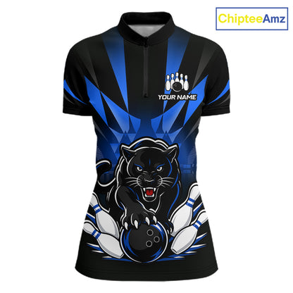Custom Black And Blue Leopard Bowling Jerseys, Leopard Bowling Team Women Polo & 1/4 Quarter-Zip Shirts NBT914