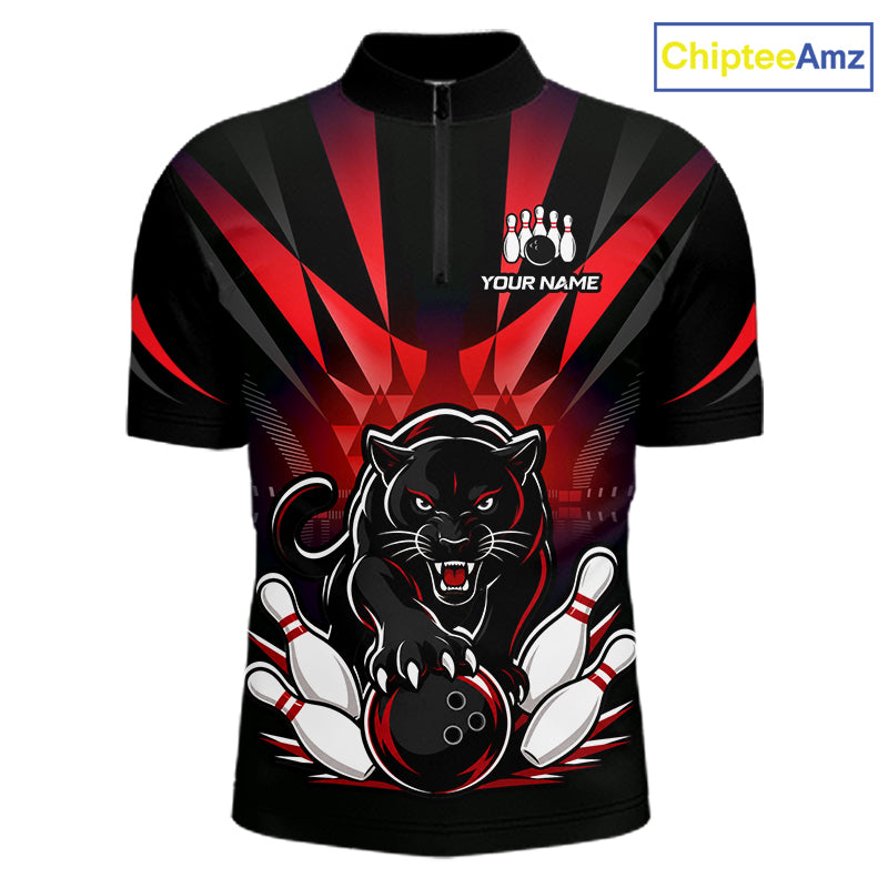 Custom Black And Red Leopard Bowling Jerseys, Leopard Bowling Team Men Polo & 1/4 Quarter-Zip Shirts NBT917