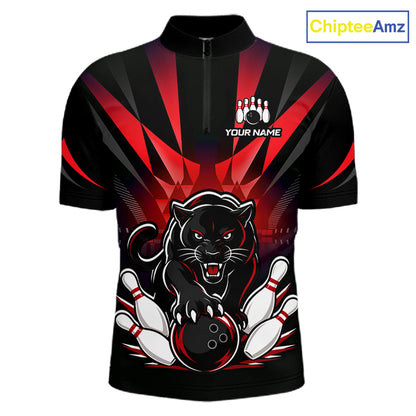 Custom Black And Red Leopard Bowling Jerseys, Leopard Bowling Team Men Polo & 1/4 Quarter-Zip Shirts NBT917