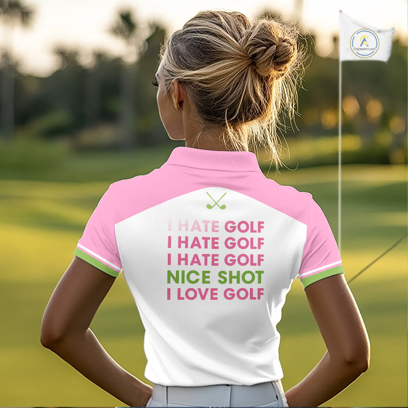 woman wearing funny pink argyle womens golf polo “I hate golf I love golf”