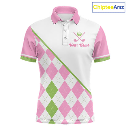 Funny mens golf polo shirt pink argyle pattern I Hate Golf Nice Shot I Love Golf - front view