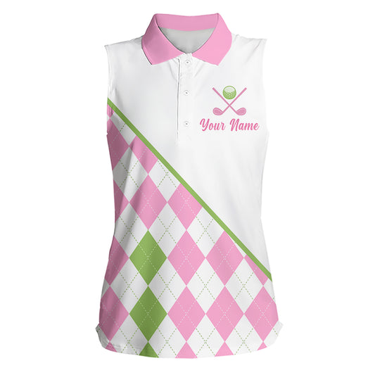 front view funny golf slogan pink argyle womens sleeveless golf polo shirt