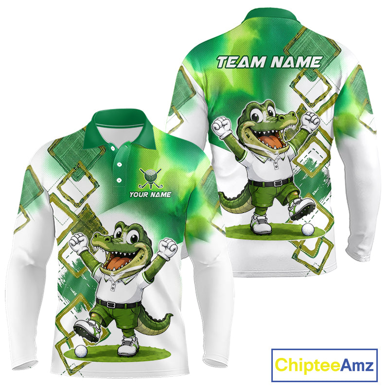 Front and back view of funny alligator mens long sleeve golf polo shirt in green with custom name on chest, team golf shirts and golf gifts design