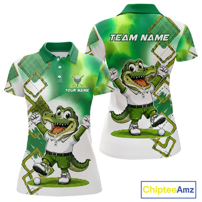 Funny Alligator Womens Golf Polo Shirt Custom Name, Team Golf Shirts, Golf Gifts | Green NBT839